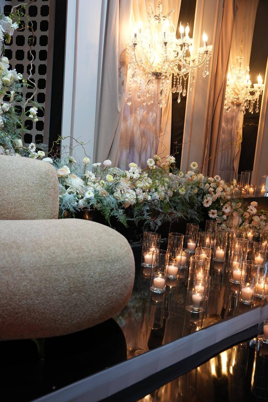 Luxury wedding at Palace Layali in Casablanca — floral installations, candlelight and refined tablescapes, produced by SBAI Events Production