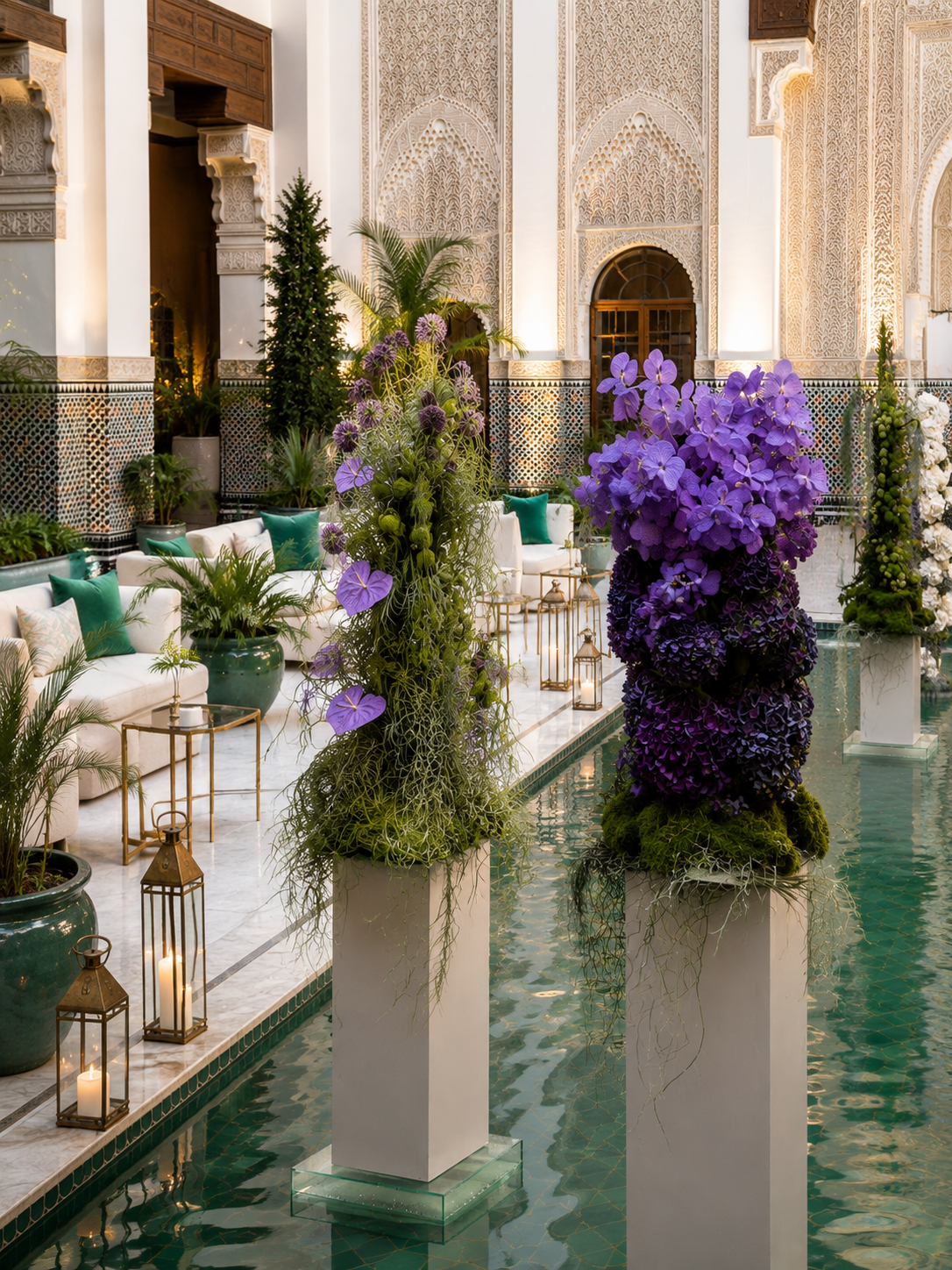 Tall purple floral installations in a serene Moroccan palace courtyard with candlelit reflecting pool and ivory lounge seating, styled by SBAI Events Production