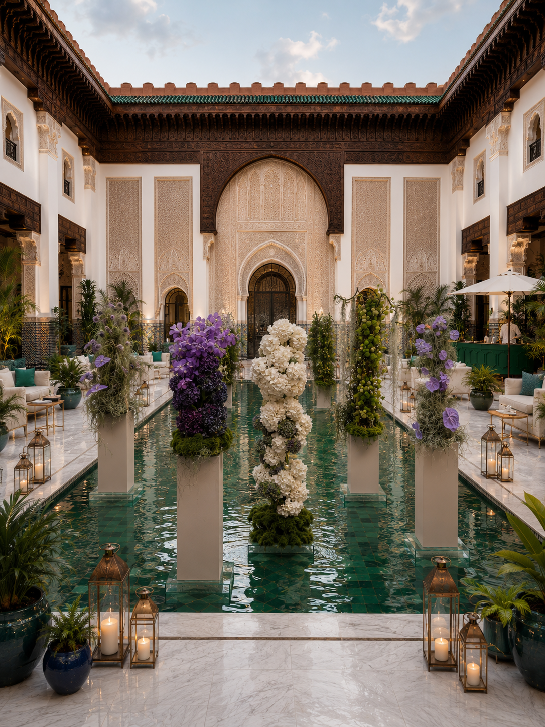 Symmetric Moroccan palace courtyard scenography with tall floral pillars rising from an emerald reflecting pool, brass lanterns and lounge seating, designed by SBAI Events Production