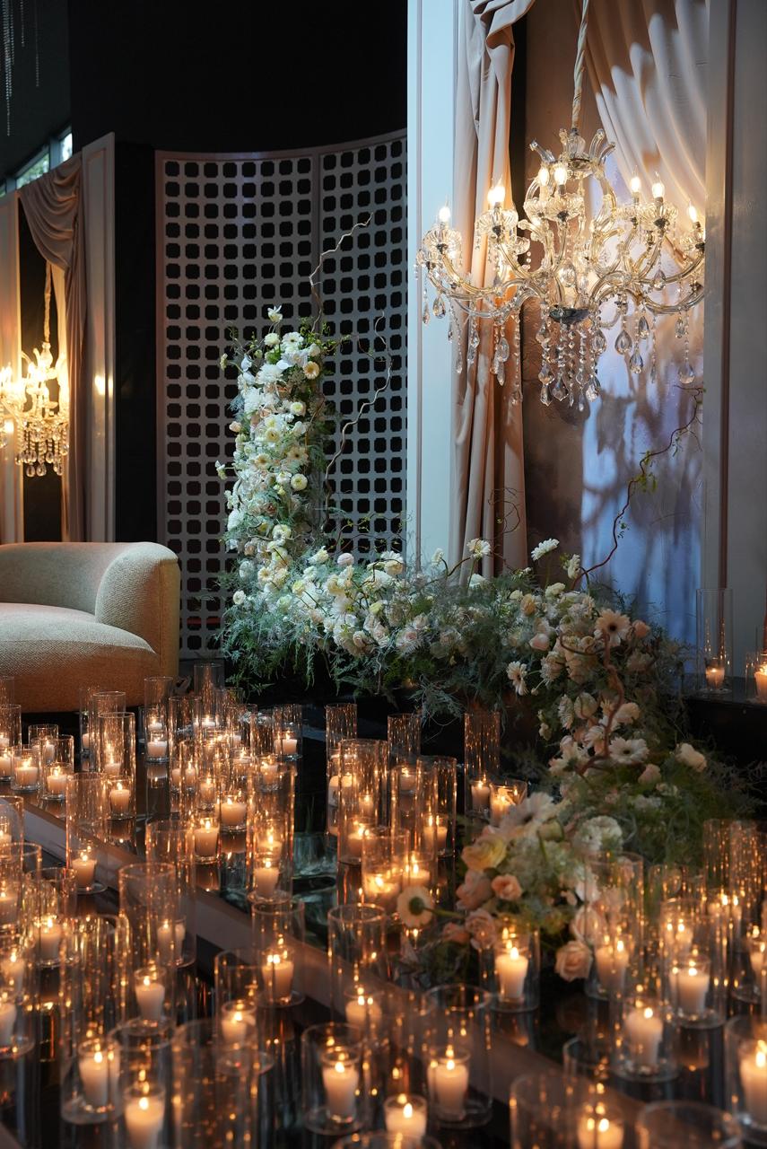 Luxury wedding at Palace Layali in Casablanca — floral installations, candlelight and refined tablescapes, produced by SBAI Events Production