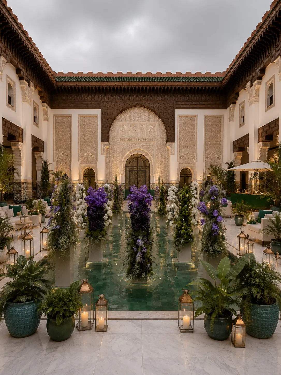 Gala Dinner Vegetal Garden at the patio of the Oberoi Marrakech — purple vanda orchids and anthuriums on white plinths above the emerald reflecting pool, ivory lounges and brass lanterns, produced by SBAI Events Production