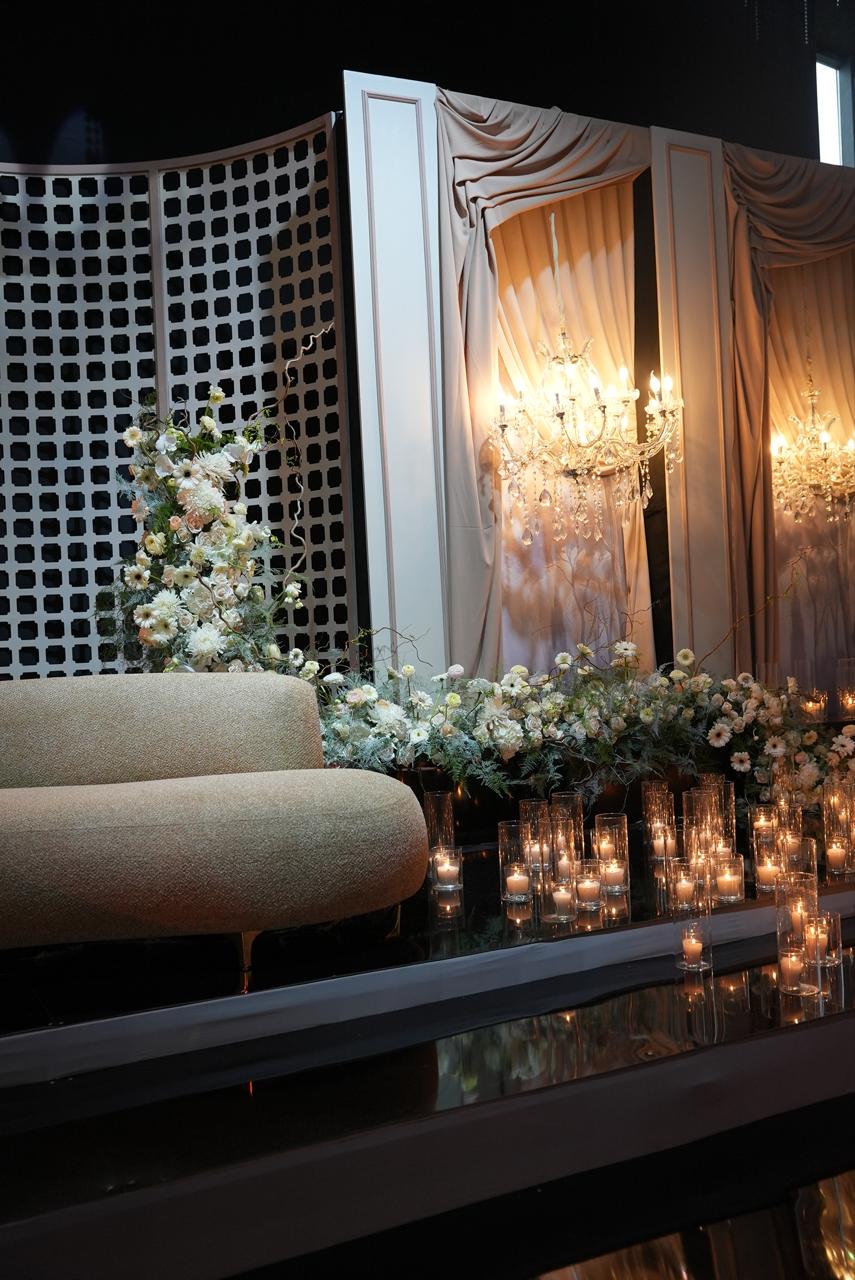 Luxury wedding at Palace Layali in Casablanca — floral installations, candlelight and refined tablescapes, produced by SBAI Events Production
