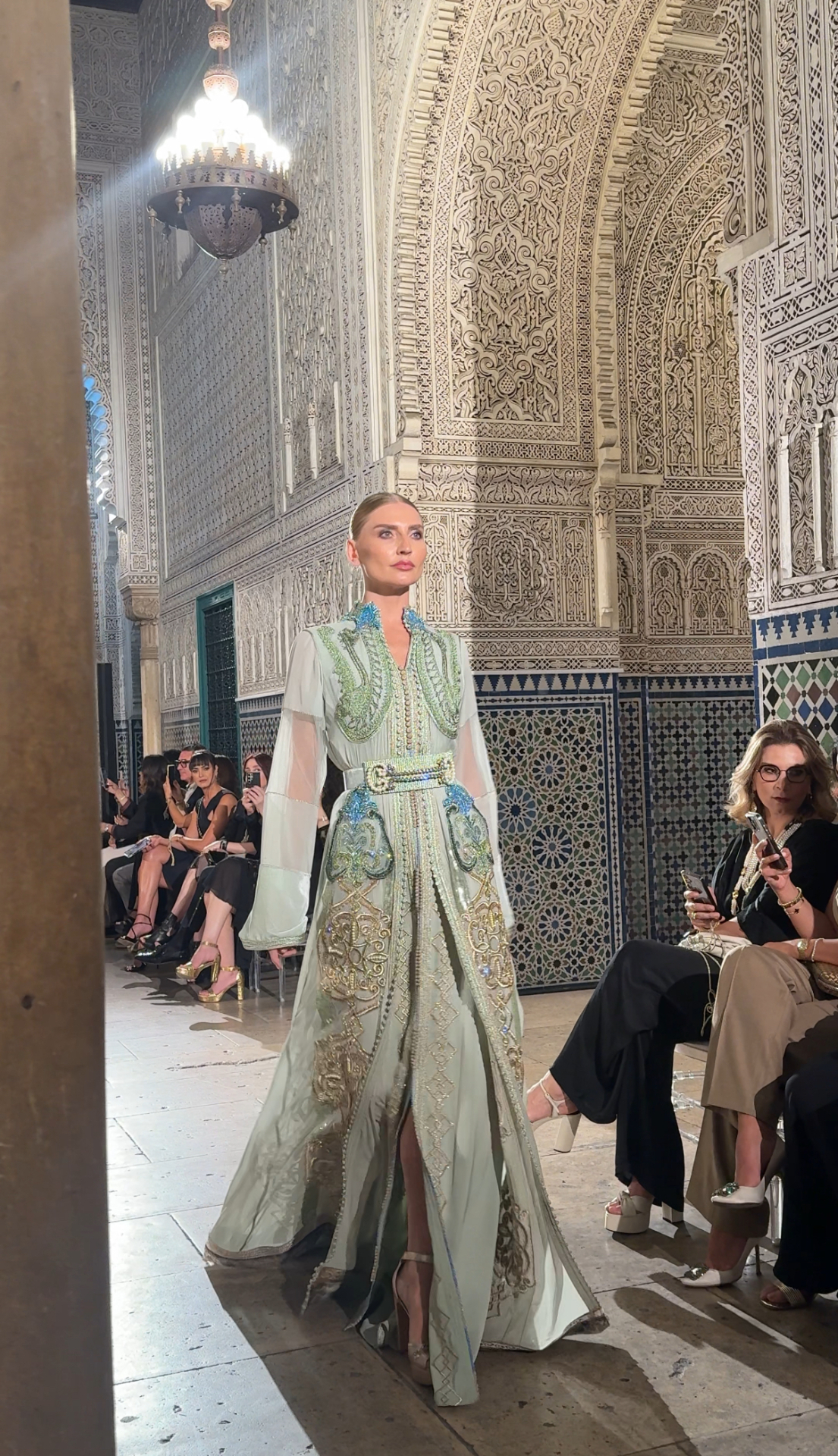 Fashion Show Caftan — Moroccan palace runway with lush pastel floral installations and couture caftans, produced by SBAI Events Production