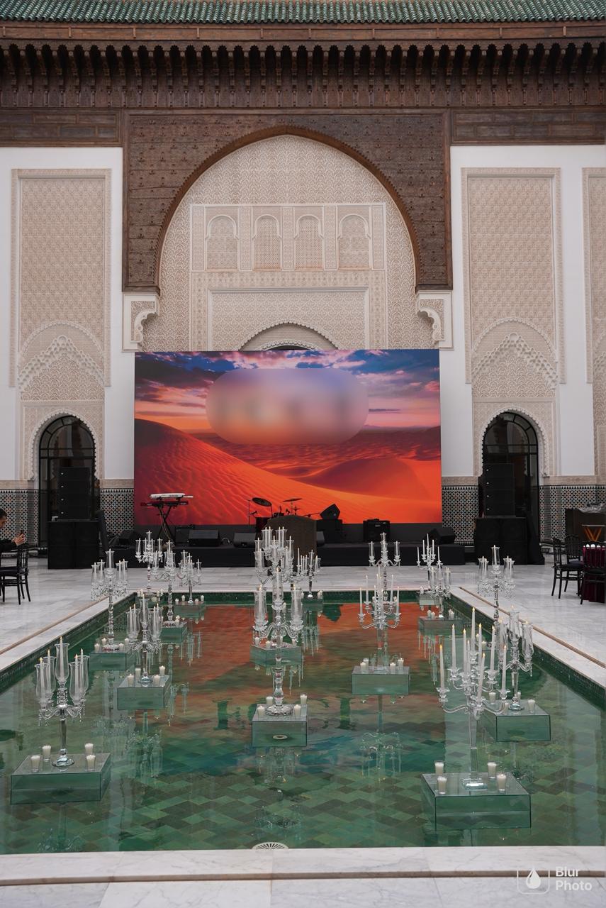 Luxury wedding at Palace Layali in Casablanca — floral installations, candlelight and refined tablescapes, produced by SBAI Events Production