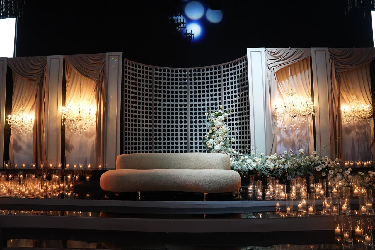 Luxury wedding at Palace Layali in Casablanca — floral installations, candlelight and refined tablescapes, produced by SBAI Events Production