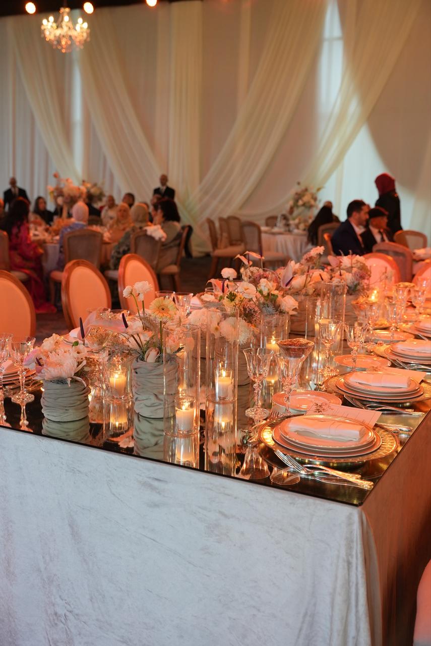 Luxury wedding at Palace Layali in Casablanca — floral installations, candlelight and refined tablescapes, produced by SBAI Events Production