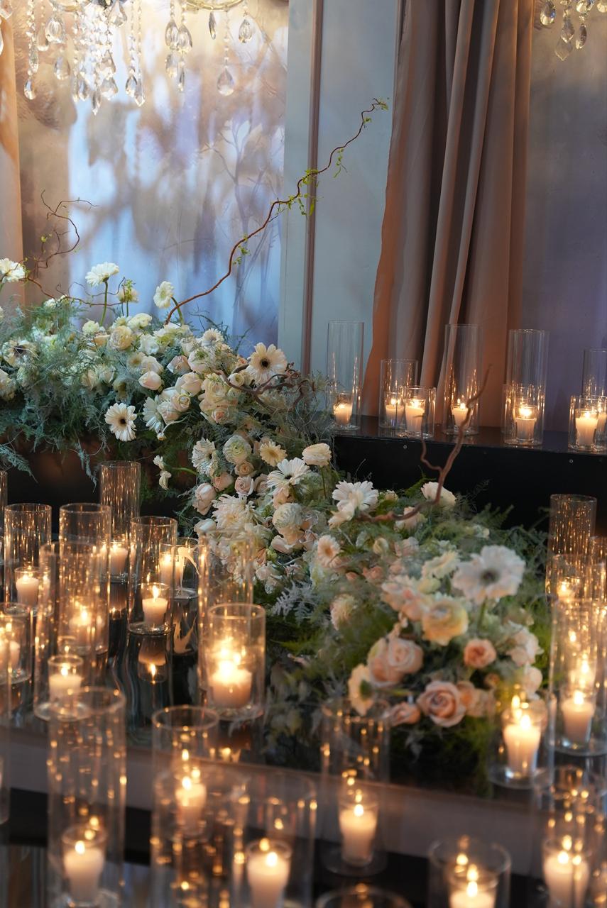 Luxury wedding at Palace Layali in Casablanca — floral installations, candlelight and refined tablescapes, produced by SBAI Events Production
