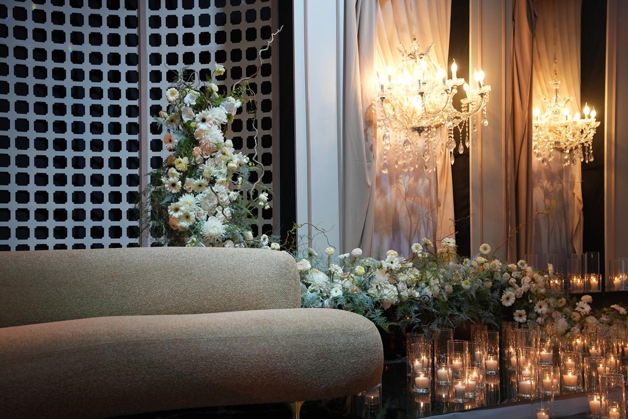 Luxury wedding at Palace Layali in Casablanca — floral installations, candlelight and refined tablescapes, produced by SBAI Events Production