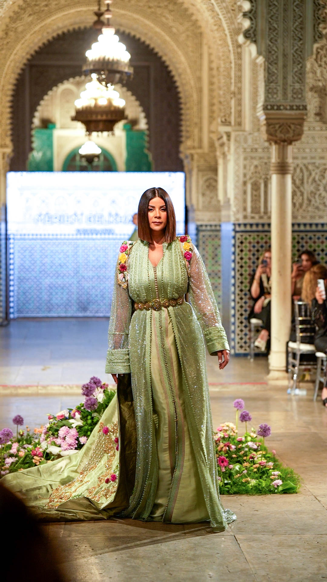 Fashion Show Caftan — Moroccan palace runway with lush pastel floral installations and couture caftans, produced by SBAI Events Production